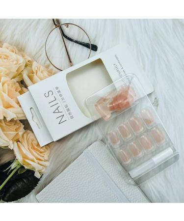24PCS Glossy French Tip Press-On Acrylic Nails Set - Nude Pink Short Coffin Style with Glue | Full Cover Stick-On False Nails for Women and Girls - Buy Online on SooperMarket.com
