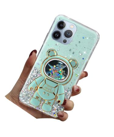 Rnrieyta Magon B r Astronaut Stand Shell Glitzer for iPhone 14 Pro Max Cute Girls D nn Crystal protective cover Treisand bling transparent case bumper with astronaut holder kickstand green iPhone 14 Pro max green