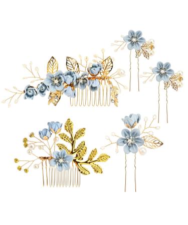 5 U-Shaped Diamond Gems Hair Pins Brides Bridesmaids Pearl Hair Pins Flower Leaf Hair Clips Hair Decoration Comb Wedding Hair Fascinator Accessories for Buns for Women Girls for Prom (blue)