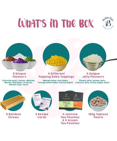 MBTK - 8 (Boba Bar London | Pearlicious Milk Bubble Tea Kit | 8 Milk Tea Flavours | 8 Boba & Jelly Toppings | Tapioca Pearls | 8 Bamboo Straws | 8 Tea Bags | 2 Recipe Cards ) - Buy Online on SooperMarket.com