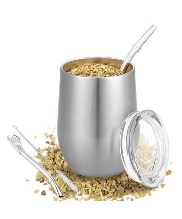 Telanks Mate Becher 340 ml Double -walled insulation Mate Tea cup 18/8 stainless steel mate MUG with Mate straw and a cleaning brush yerba mate cup (silver)