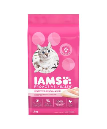 IAMS Proactive Health Dry Cat Food Adult - Sensitive Digestion & Skin with Turkey 1.36kg Bag 1.36 kg (Pack of 1) Cat Food