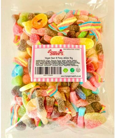 Super Sweets Premium Vegan Fizzy and Sour Jelly Sweet Assortment 1kg. A Mix of The Best Vegan Fizzy and Sour Jelly Sweets Specially Selected by Super Sweets