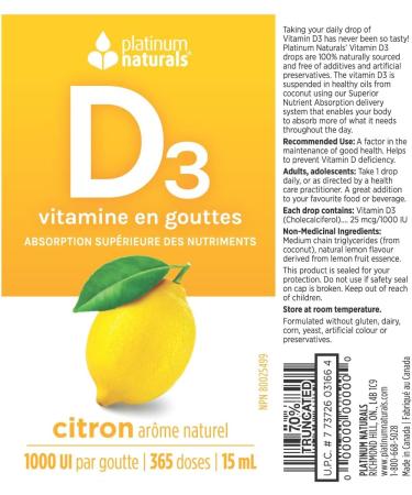 Platinum Naturals - Easy Absorb D3 Drops for Adults - Lemon Flavored 15ml - High Potency Liquid Vitamin D Supplement 1000 IU per Drop - Supports Overall Wellness - Easy-to-Use Dropper - Buy Online on SooperMarket.com