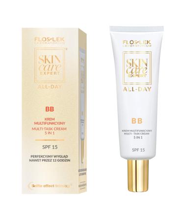FLOSLEK BB Multi-Task Face Cream 5 in 1 SPF15 | 50 ml | Contains Peptides Vitamin C Troxerutin & Shea Butter | Masks Discoloration and Imperfections | for All Types of Skin