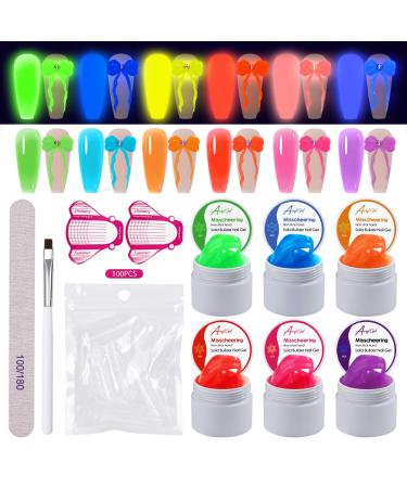 U-Shinein Builder Gel Set for Nails 6 Neon Colors Gel Dark Bright Nail Extension Gel UV Gel Brush Nail Mold Nail File Nail Stencils 3D Nail Sculpture Gel Halloween Nail Art Poly Gel