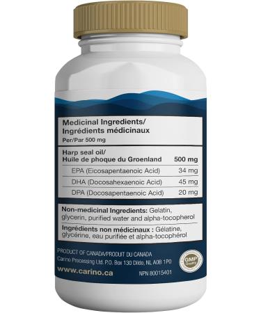 Carino Omega 3 Harp Seal Oil Capsules - DHA EPA & DPA - Superior Source of Omega-3 - Highly Digestible & Bioavailable - Better Results & No Fishy Burps - Pure & Natural - Sustainably Sourced - Product of Canada - Buy Online on SooperMarket.com