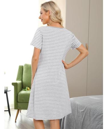 Marvmay Women's Cotton Nightgown - Short-Sleeved Button-Strip Sleep Shirt XXL Light Gray International Shipping Available - Buy Online on SooperMarket.com