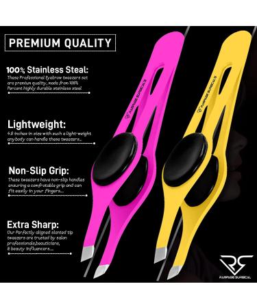 Professional Stainless Steel Slant Tip Eyebrow Tweezers Set | Non-Slip Grip for Ingrown Hair Removal | Yellow & Pink | 2 3xPcs Set - Buy Online on SooperMarket.com