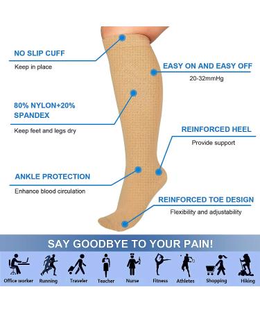 Extra Wide Calf Compression Socks 20-32mmHg Knee High Plus Size Beige 2X-Large - Pack of 1 - Buy Online on SooperMarket.com