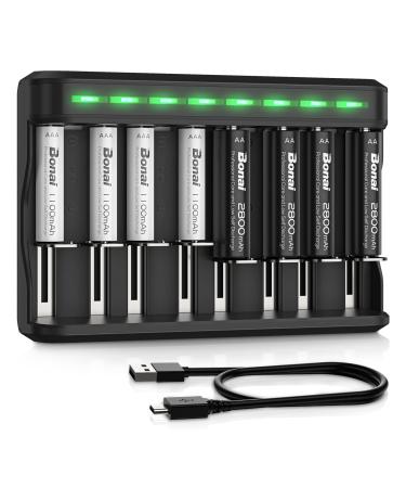 BONAI AA AAA Rechargeable Batteries 4 Pack 2800mAh AA and 4 Pack 1100mAh AAA NiMH Batteries with Smart AA AAA C D Battery Charger 4AA+4AAA+Charger