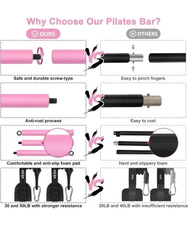 Pilates Bar Kit with Adjustable Resistance Bands | Portable 3-Section Pilates Stick Bar for Full Body Workout | Ideal for Home, Gym, Office, Travel | Pink - Buy Online on SooperMarket.com