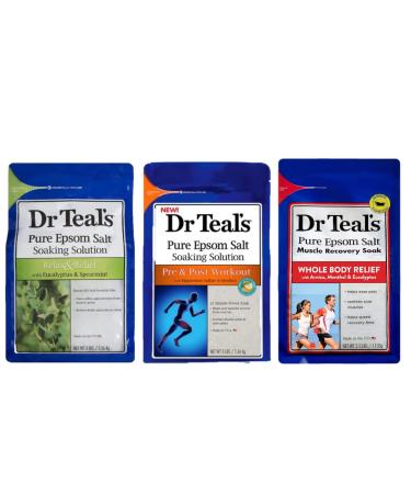 Dr. Teal's Pure Epsom Salt Soak Pain Relief Gift Set (3 Pack 8.5lbs Total) - (3lb) Relax & Relief Eucalyptus with Spearmint (3lb) Pre & Post Workout with Menthol (2.5lb) Muscle Recovery with Arnica