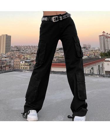 Gufesf Women's Baggy Cargo Pants - Trendy Low Waist Wide Leg Trousers with Big Pockets | Y2K Streetwear Fashion - Ak-a-black, Large - Buy Online on SooperMarket.com