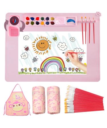 Silicone Painting Mat,Silicone Art Mat kit 1x Apron,1 Pair Oversleeve,20 Pieces Brushes Silicone Craft Mats for Kids 20"X16" with Detachable Cup Resin Mat for Kids Gift,Painting, Clay, DIY Projects Pink