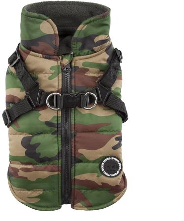 Puppia Mountaineer Winter Dog Coat with integrated harness No Pull Cold Weather Waterproof Warm Fleece Back Zipper for Small & Medium Dog, CAMO, Large Large CAMO