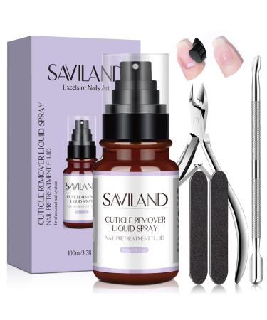 Saviland 100ML/3.38FL.OZ Cuticle Remover Liquid  Cuticle Remover Cuticle Softener with Cuticle Nipper, Pusher&Nail Files for Soften & Moisturize and Nail Salon Home Use