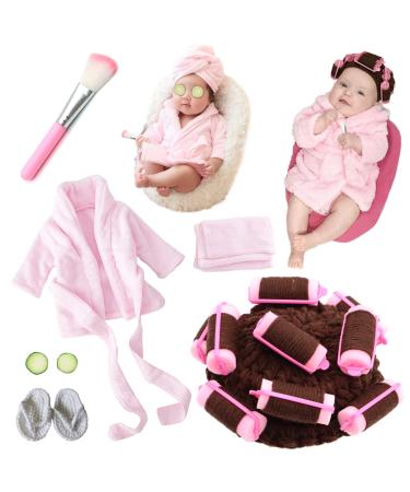 SPOKKI Newborn Photography Props 7 PCS Newborn Girl Photoshoot Outfits Babies Robe Props with Bath Towel Slippers Cucumber Curler Hat Makeup Brush for Infant Boys Girls UB027-A
