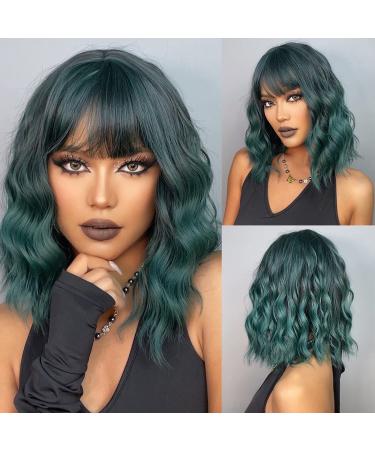 Haircube short charming bob with bangs wigs for woman nature heat -resistant synthetic fiber party/cosplay/costume/daily wig (dark green)