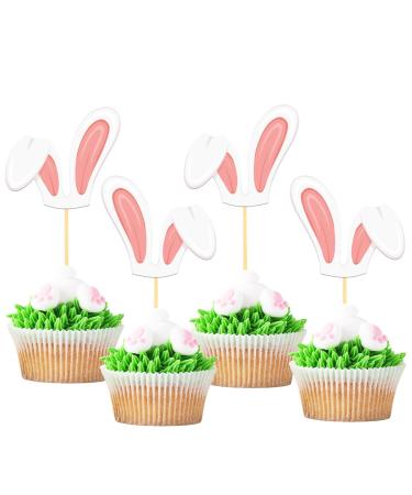 24Pcs Easter Bunny Ear Cupcake Toppers for Happy Easter Decorations Easter Rabbit Ear Cake Topper for Easter Theme Birthday Baby Shower Party Supplies (Ear P)
