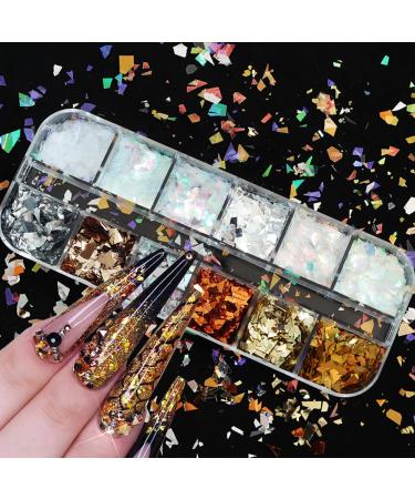 Holographic Nail Glitter Flakes 12 Grids 3D Nail Sequins Irregular Glitters Flake Shiny Gold Silver Transfer Foil Sequin Decoration Accessories for UV Gel Nails Design Nail Art Supplies (Vintage ) Glitters 7