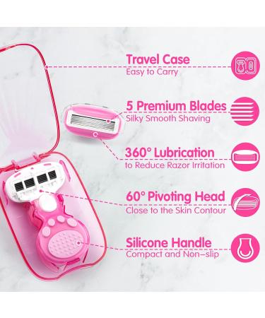 Travel Razors for Women - 5-Blade Mini Razor with Case & Cartridges | Portable Toiletries in Pink - Buy Online on SooperMarket.com