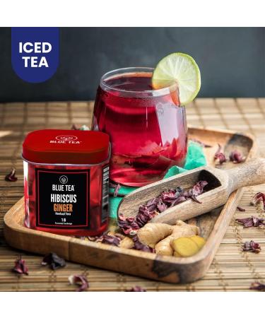 BLUE TEA - Hibiscus Ginger Herbal Tea - 36 Tea Bags (Pack of 2) || CAFFEINE FREE |Detox - Soothing Tea| Vegan - Gluten Free - Tin Packing(18X2) - Buy Online on SooperMarket.com
