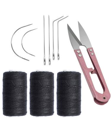 Weaving Needle and Threads Set 3 Rolls Black Thread with 6 Pieces C/J/I Shaped Stainless Steel Needle and 1pc Sewing Scissors for Hand Sewing Hair Weave Extensions and Lace Wig DIY