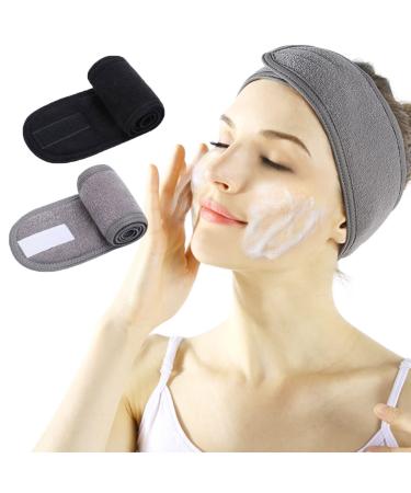Spa Headband - 2 Pieces Facial Women Makeup Hairband Towel Cloth With Adjustable Magic Sticker For Washing Face Makeup Black+Gray