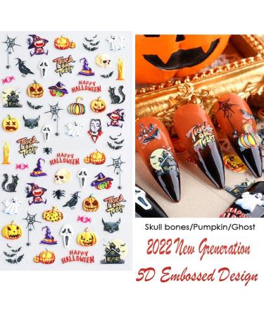 Halloween Nail Art Stickers Xcreando 5D Embossed Nail Decals Design with Skull Bones Ghost Witch Pumpkin Bat Lips Self-Adhesive Thick DIY 3D Nail Art Supplies for Halloween Days Party Cosplay Decorations 5 Sheets - Buy Online on SooperMarket.com