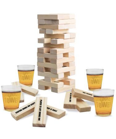 ArtCreativity Tumbling Tower Drinking Game, Drinking Game with 4 Glasses and 60 Wooden Blocks with Challenges, Fun House Party Games for Game Night, Great Gift Idea