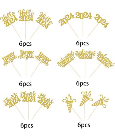 SYKYCTCY 36 Pack Happy New Year Cupcake Toppers Glitter Welcome 2024 Cupcake Topper Cheers to 2024 Cupcake Topper Hello 2024 Cupcake Food Picks Decorations for Happy New Year Eve Party Supplies Gold Color 4 - Buy Online on SooperMarket.com