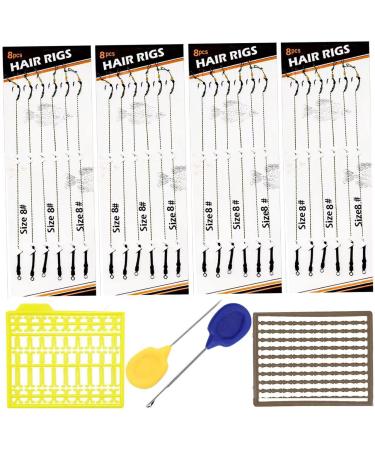 SEAOWL Carp Fishing Hair Rigs 24 Pcs High Carbon Steel Barbed Hook Rolling Swivel Boilies Carp Fishing Rigs with 2 Card Boilie Bait Stops and 2 Different Needles 4 Sizes 4# 24PCS