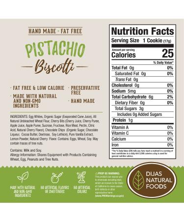 Dijas Natural Foods Fat Free Biscotti Cookie - Pistachio Flavor | All Natural & Preservative Free Ingredients | Low Calorie Snack (12 oz) - Buy Online on SooperMarket.com