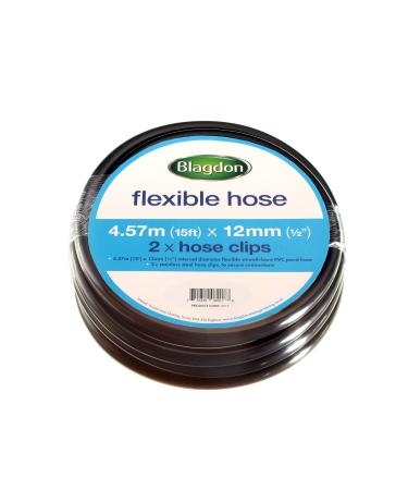 Blagdon Flexible Reinforced Pond Tubing 4.57m (15ft) x 12mm (1/2") Internal Diameter Smooth-bore PVC Pond Tubing Includes 2 stainless steel Hose Clamps Tough and Strong Tubing Black