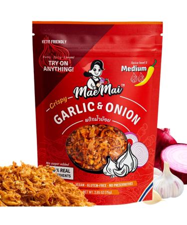 MaeMai Crispy Onions & Garlic Flakes - Keto, Healthy Seasoning, Salad Toppings, Fried Onions - Ramen, Rice Seasoning, Vegan, Low Carb, No Salt (75g, 1) 1 x 2.65oz 1.0