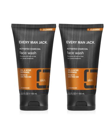 Every Man Jack Activated Charcoal Oil and Acne Defense Face Wash for Men - 5 oz Twin Pack with Salicylic Acid and Coconut Oil - Prevent Breakouts and Deeply Cleanse Pores - Buy Online on SooperMarket.com
