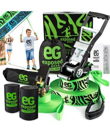 Slackline Kit 60ft with Training Line Tree Protectors High Grade Ratchet + Cover Arm Trainer Set Up Instruction Booklet and Carry Bag | Complete Slack Line Set | Perfect Slackline for Kids and Adults Green