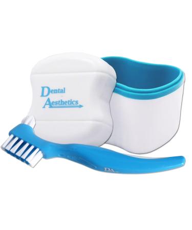Denture Bath & Brush Storage Container for Soaking Dentures Brush with Double Bristle Head (Blue Bath Blue Brush)