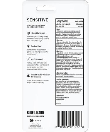 Blue Lizard Sensitive Mineral Sunscreen Stick SPF 50+ - Water Resistant - UVA/UVB Protection - Fragrance-Free - 0.5 Oz - Buy Online on SooperMarket.com