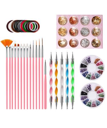 Nail Pen Designer Stamp Nail Art Tool with 15pcs Nail Painting Brushes Nail Dotting Tool Nail Foil Manicure Tape Color Rhinestones for Nails