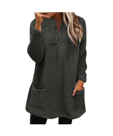 AMhomely Ladies Womens Soft Teddy Fleece Hooded Jumper Plus Size Double Fleece Casual Hoodies With Pocket V Neck Soft Fleece Hooded Sweatshirts Plain Pullover Tops Winter Lightweight Lounge Tops 02 Dark Grey M