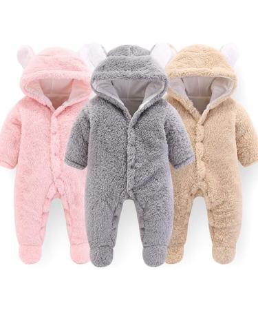 Newborn Baby Cartoon Bear Snowsuit Winter Coat | Fleece Hooded Romper Jumpsuit 0-3 Months White - Buy Online on SooperMarket.com