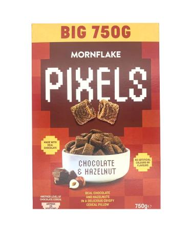 Mornflake - Pixels Hazelnut & Chocolate Cereal Crispy Breakfast Cereal Pillows Multipack of 8x 750g Vegetarian Chocolate Cereal. Wheat Pillows Filled With Real Chocolate and Hazelnut Filling