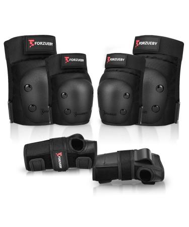 Forzueby Adult/Kids Knee Pads Elbow Pads Wrist Guards 6 in 1 Protective Gear Set for Inline Roller Skating Skateboarding Scooter BMX etc. Large Black