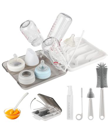 7 in 1 Bottle Brush Set-Bottle Cleaner Set with Baby Spoon Silicone Bottle Brush Nipple Brush Straw Brush Travel Drying Rack Soap Dispenser & Storage Box Baby Travel Essentials for Moms-White