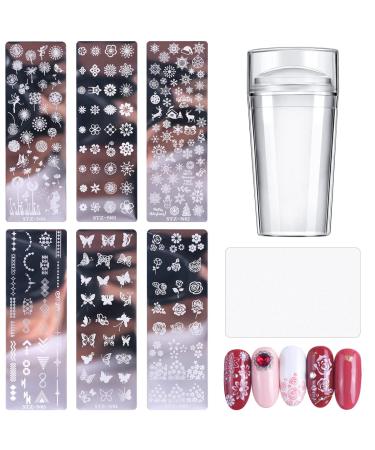 Leikedun 6 pieces nail Stamping Schblonen Platte Nagel Stamping Stencils with 1 piece of transparent stamp 1 piece of scraper nail art stamping nail print stamper image flat manicure tools DIY
