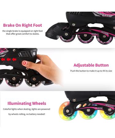 Rollingsurfer Adjustable Inline Skates - Full Light Up Wheels - Beginner Roller Blades for Kids & Adults - Pink - Large Size (5-9) - Buy Online on SooperMarket.com
