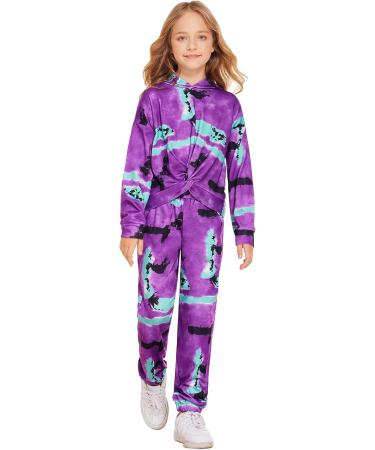 Hopeac Girls 2-Piece Tie Dye Set | Twist Front Top & Sweatpants | Purple, Green, Black | 5-6 Years - Buy Online on SooperMarket.com