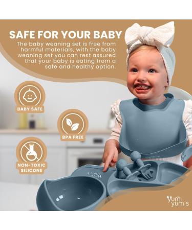 Yum Yum's Silicone Baby Weaning Set of 10 with Suction Bowl, Spoon, Fork & Cup - Blue | Baby Feeding Set for Easy Transition to Solids - Buy Online on SooperMarket.com